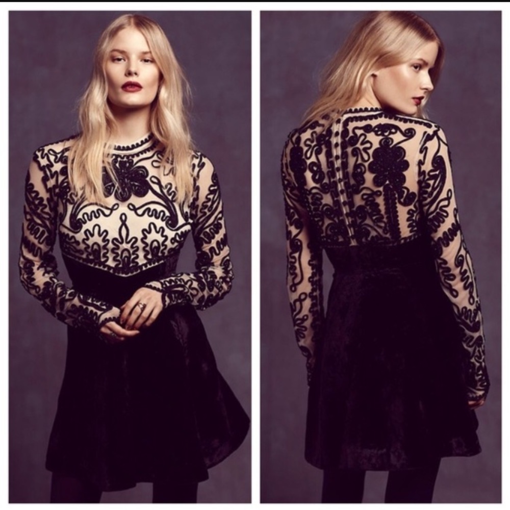 Free People Black Embroidered Mesh & Velvet Fit-and-Flare Dress
